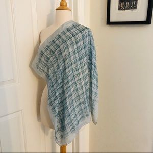EUC Anne Klein Silk Scarf 25” Square Sky Light Blue Pine Green Plaid Semi Sheer